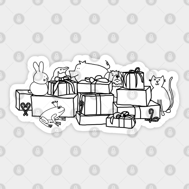 Minimal Christmas Gift Boxes and Cute Animals Line Drawing Sticker by ellenhenryart